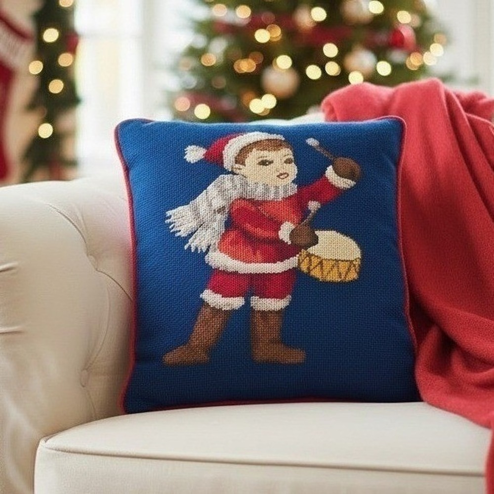 Vintage Christmas Needlepoint Throw Pillow, Little  Drummer, Red Corduroy 15"
